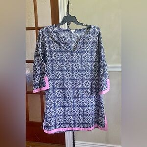 Talbots Navy and White Tunic Swim Cover with Pink Accents